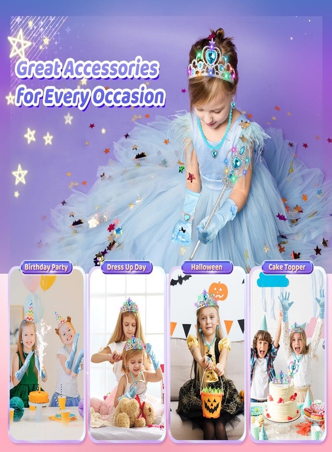 STOPKLAS Princess Dress Up Accessories, Light Up Wand Crown 7Pcs Princess Dress Up Set with Gloves Tiara Necklace Earrings Bracelet and Ring Gift Set for 3-6 Toddler Kids Girls Cosplay Party, Blue - Image 4